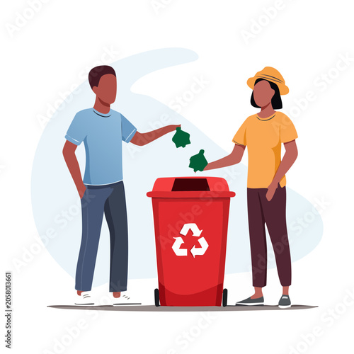 Two people recycling waste into a red bin