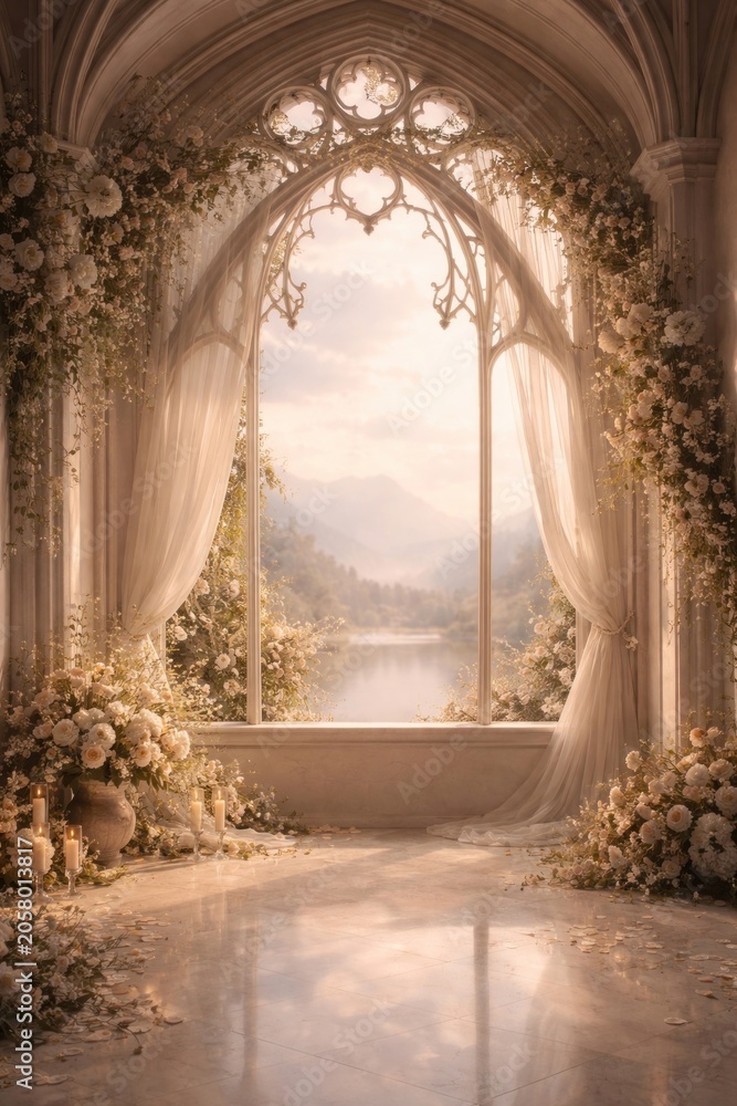 Naklejka premium Serene floral archway overlooking lake.