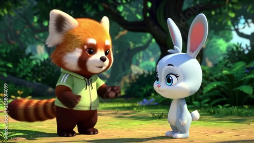 Animated red panda and rabbit talking in sunny forest.