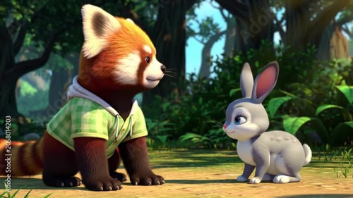 Animated red panda and rabbit talking in sunny forest clearing