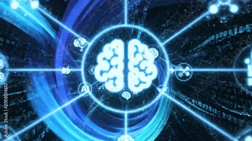 Artificial intelligence neural network with glowing blue brain icons