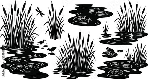 Black silhouette set of pond plants reeds and water lilies