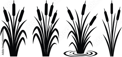Black silhouette icons of cattail reeds and swamp plants