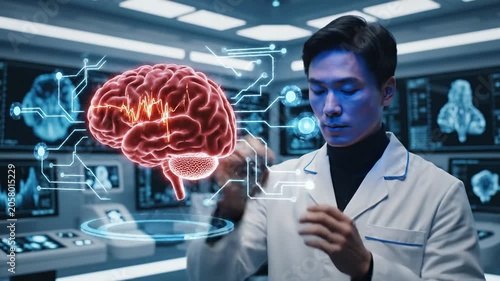 Asian scientist examining holographic human brain in medical lab