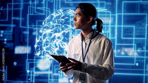Obraz na plátně Developer working with artificial intelligence computerized model simulating human brain, worker looking at AI visualization showing machine learning algorithms using pattern recognition