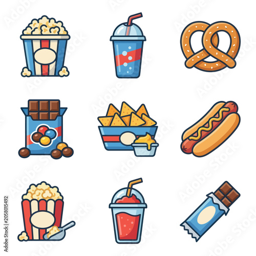 Colorful snack food icons on white.