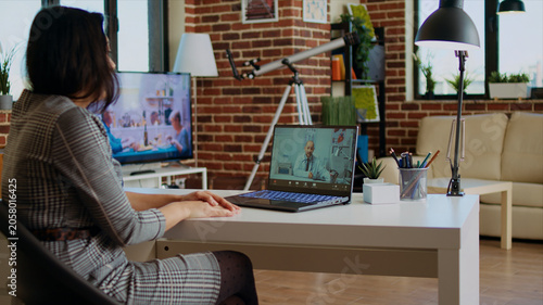 Quadro su tela Patient remotely discussing treatment plan with doctor during online video call meeting after medical checkup, woman receiving prescription from general practitioner in telemedicine call