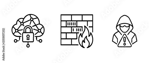 Foto A tech-focused outline icon set representing cybersecurity, data protection, and digital privacy