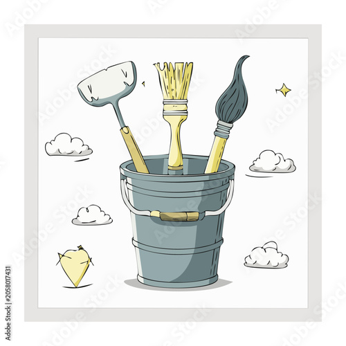 Paint Bucket with Painting Tools Flat Illustration