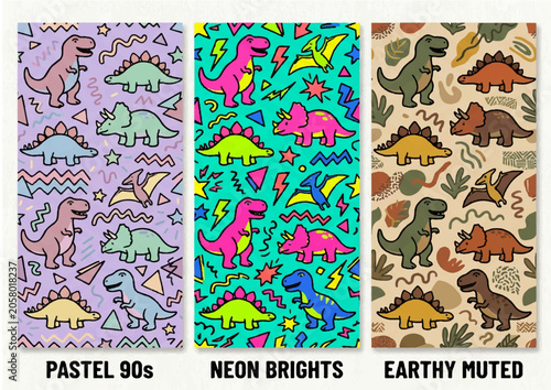 Obraz na płótnie Cute Dinosaur Seamless Pattern Collection in Neon Pastel and Earth Tone Colors
