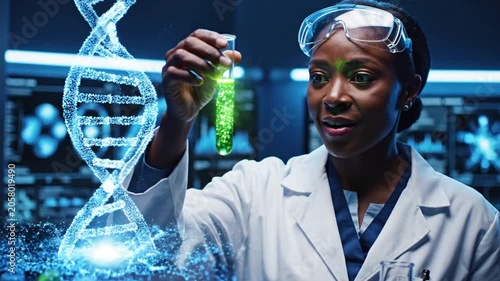 Black female scientist analyzing glowing DNA hologram in lab