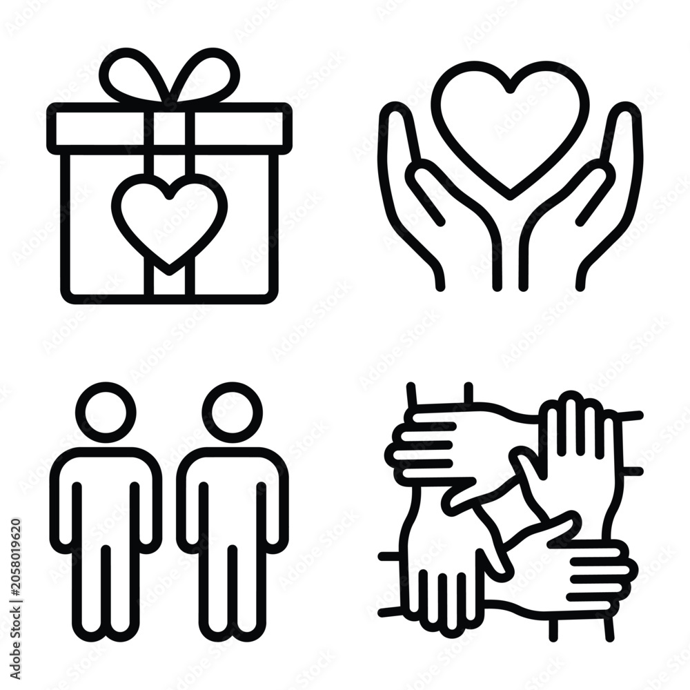 Fototapeta premium Set of human interaction and care icons depicting gift giving support people and teamwork concepts