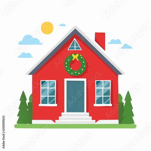 Red House with Christmas Wreath and Snowy Landscape