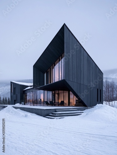 Modern house stands tall in snowy landscape