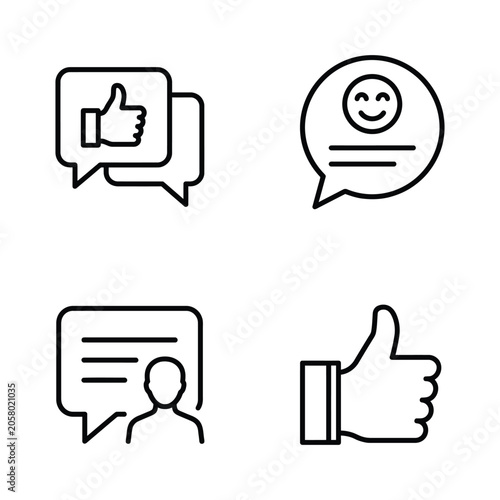 Set of four thin line communication and social media interaction icons with feedback, comments