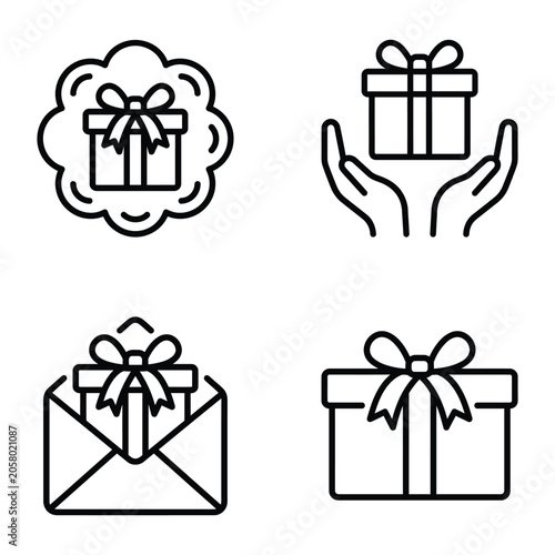 Set of four linear icons depicting gift box celebrations and presents with celebration, surprise