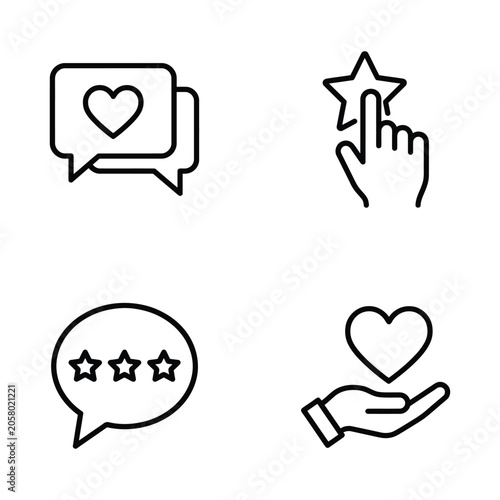 Collection of four linear icons showing rating and favorite heart symbols with favorite, feedback
