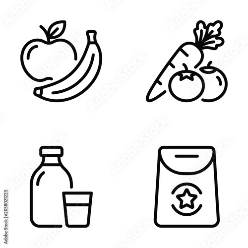 Set of four linear food and grocery shopping icons with groceries shopping vegetable nutrition