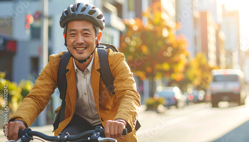 A smiling Asian man wearing a helmet and backpack rides a bicycle on a sunny city street, enjoying his commute.