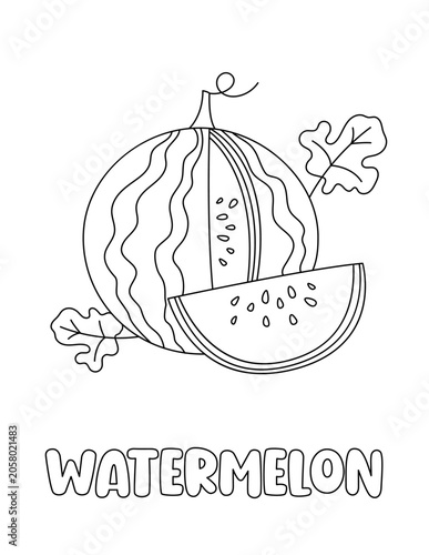 Letter W. Watermelon illustration. Learning ABC coloring page for kids. Black and white hand drawn vector for children. Cute outline drawing and text for coloring. Preschool, kindergarten activity