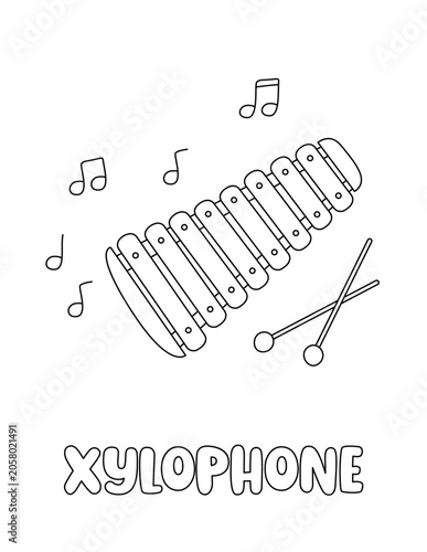 Letter X. Xylophone illustration. Learning ABC coloring page for kids. Black and white hand drawn vector for children. Cute outline drawing and text for coloring. Preschool, kindergarten activity