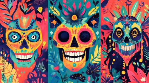 Colorful Collection of Vibrant Illustrations Featuring Skulls, Plants, Animals, and Unique Characters Perfect for Celebrating Culture and Art Elements