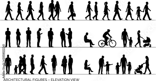 Architectural people silhouette vector children playground activity. running, playing ball, sitting on ground, climbing, standing in group. side, front, and top views