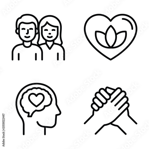 Set of compassion and kindness icons representing human connection and empathy with compassion