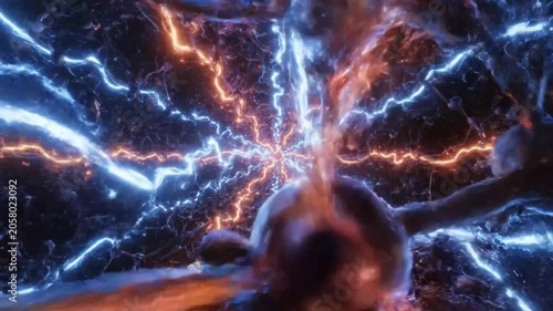 Blue and orange energy bolts colliding in neural network