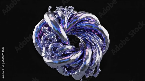 Abstract silver and purple liquid metal swirl torus.