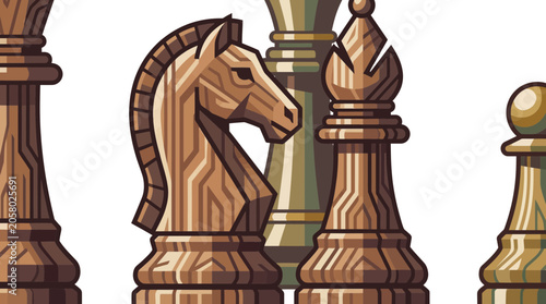 A collection of wooden chess pieces featuring a knight and bishop.