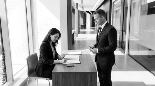 Business Professionals Review Documents In Bright Modern Office Setting