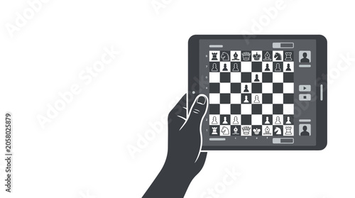 Fotografie A hand holding a digital tablet displaying an active online chess game