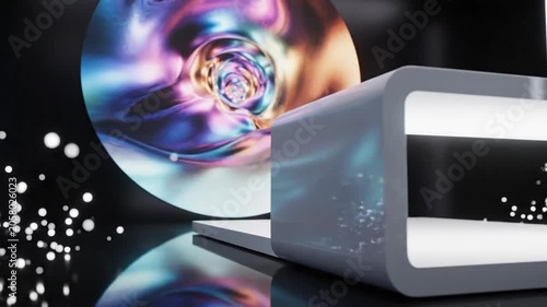 Abstract futuristic portal with iridescent light and sleek surface.