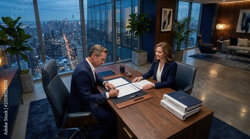 Business Professionals Signing Contracts High Above City Skyline At Dusk