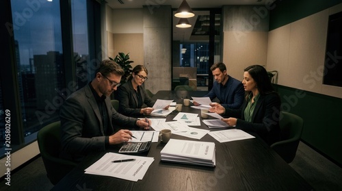Business Team Meeting Analysing Documents In Modern Office