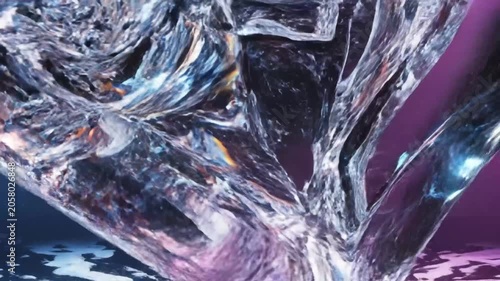 Abstract glass sculpture floating in spotlight beams.