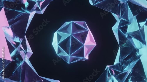 Abstract glowing geometric crystal sphere with neon lights.