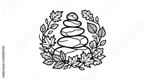 Photography A black and white line art illustration of a balanced stone cairn surrounded by autumn leaves