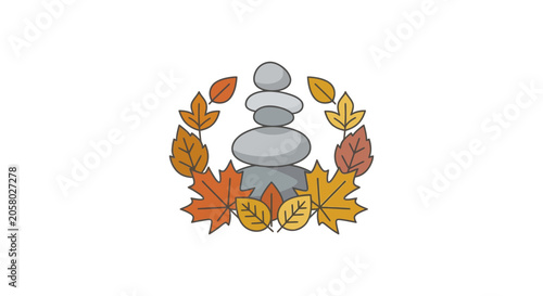 Canvas Print A stack of smooth balanced stones surrounded by colorful autumn leaves