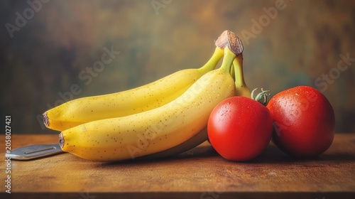 Fresh bananas and tomatoes on a wooden table