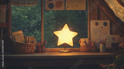Cozy, warm star lamp on a desk overlooking a rainy garden