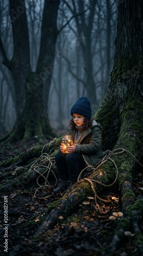A young girl sitting in a dark misty forest holding a glowing magical light.
