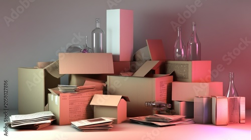 Messy pile of cardboard boxes and glass bottles
