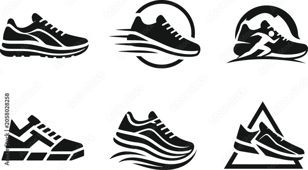 Fototapeta premium Clean vector logo of a classic running sneaker in black silhouette, representing timeless athletic style, fitness, performance, and sportswear. 
