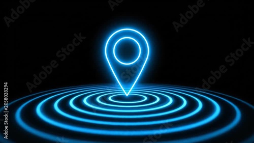 Blue neon location pin icon on black background