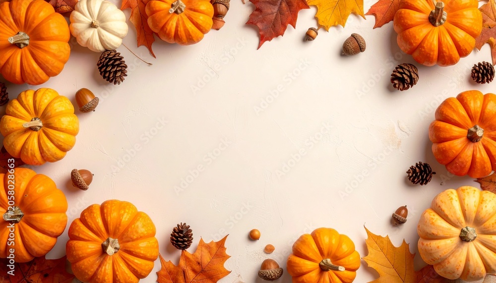 Fototapeta premium Autumn Harvest Frame: A festive arrangement of pumpkins, fall leaves, and pinecones creates a warm, seasonal border, perfect for autumn greetings and harvest celebrations.