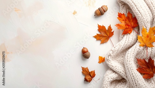 Autumn Stillness: A cozy knit blanket adorned with vibrant autumn leaves and acorns evokes the essence of fall, suggesting warmth and comfort on a cool day.