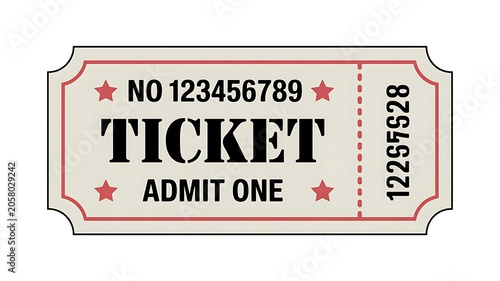 Vintage ticket stub, admit one, event entry pass, red and beige