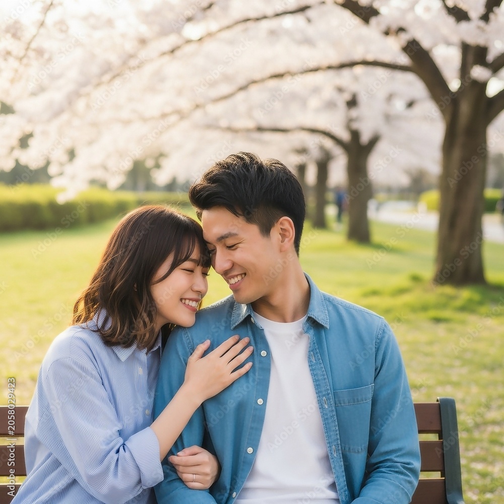 Fototapeta premium 森林公園でベンチに座り寄り添う若い男女のカップル
